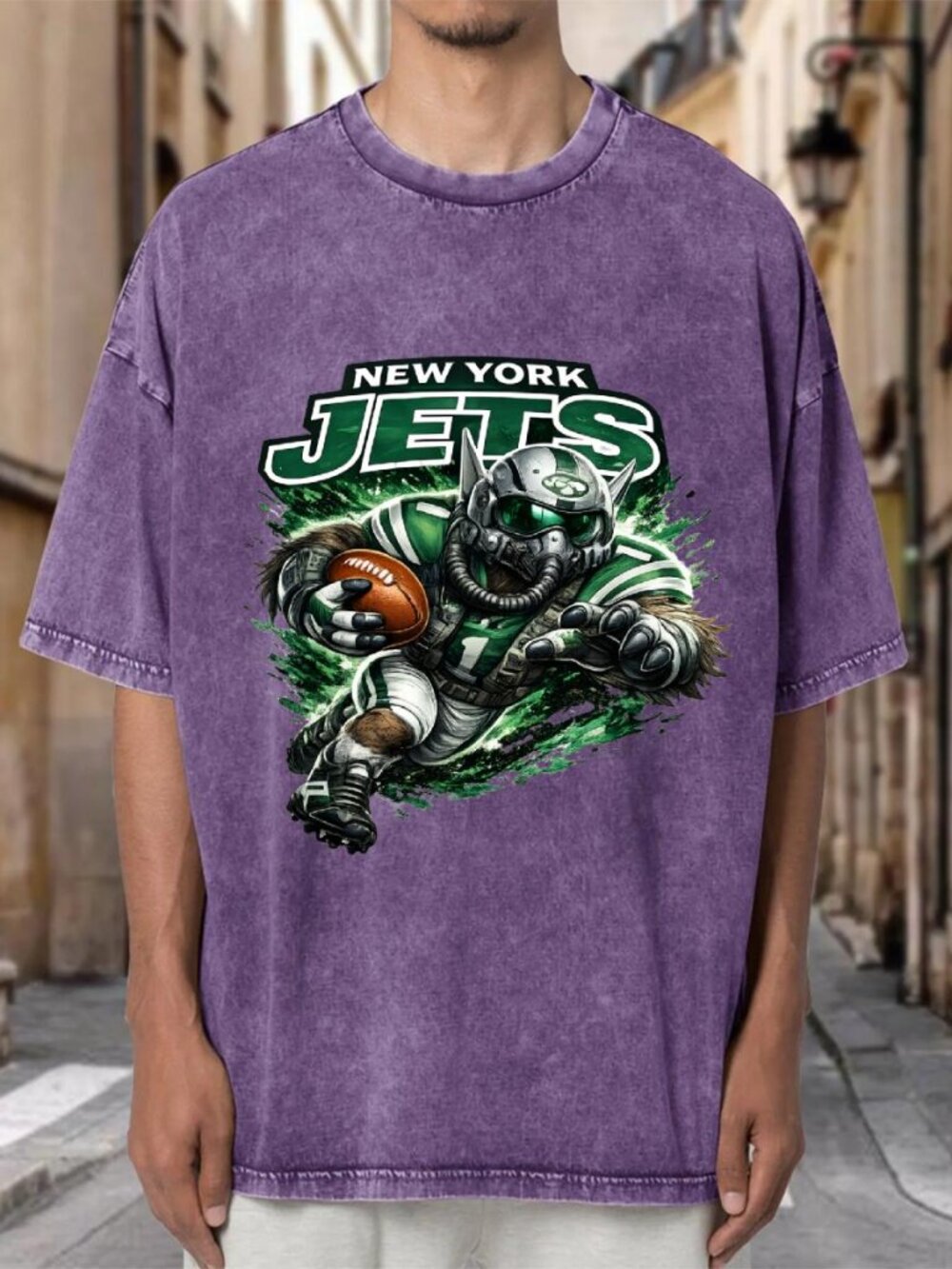 New York Jets Mascot NFL Purple Mineral Wash Oversized Tee G7NTBGD5OF04